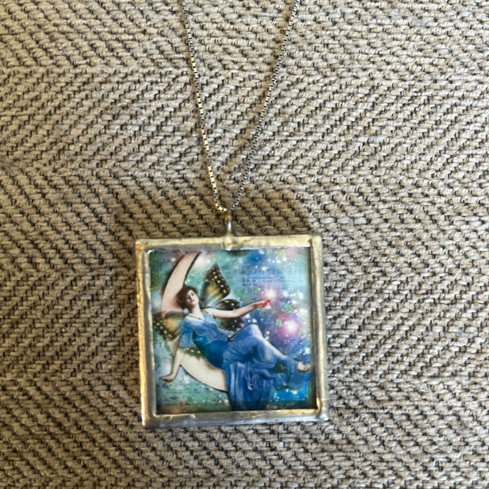 Handmade Double Sided Fairy & Glitter Pendant Necklace. One of a Kind!